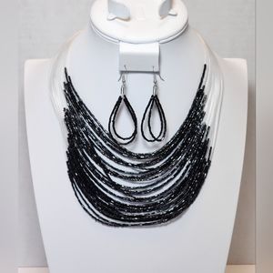 Paparazzi Black Beaded Nylon Corded Statement Necklace and Earring Set NWT